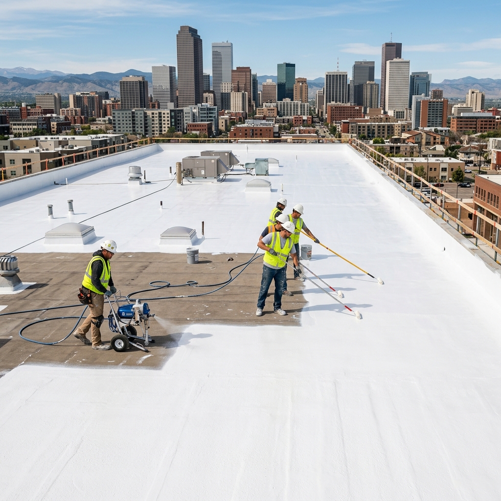 Silicone roof coating on commercial building in Denver