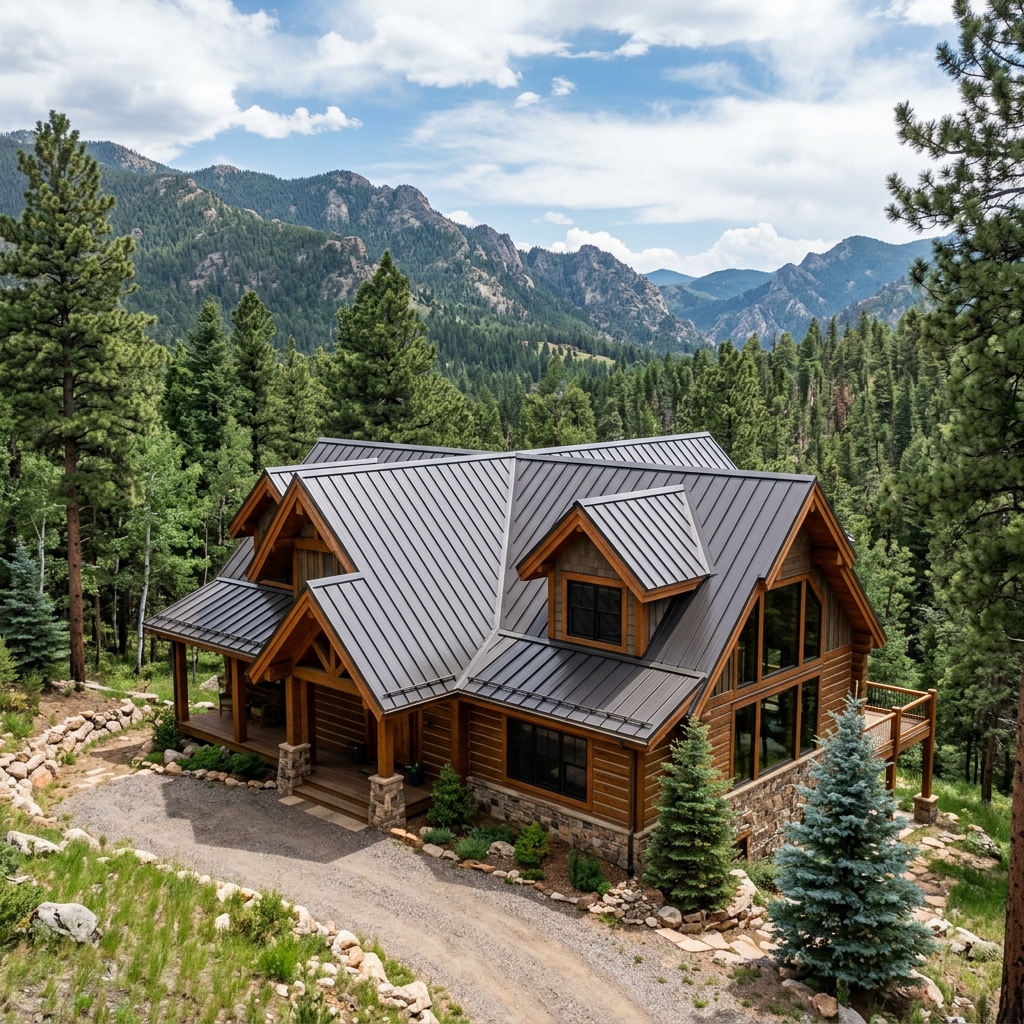 Standing seam metal roof on mountain cabin in Bailey, Colorado